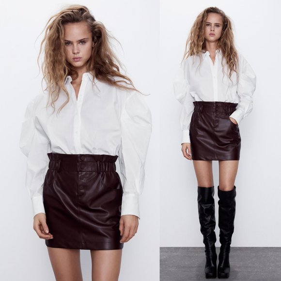 NEW Zara High Waist Paperbag Button Front Faux Leather Mini Skirt Burgundy Plum - Picture 2 of 9